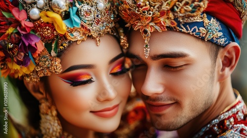 Young couple in colorful traditional costumes with striking makeup celebrating cultural festival, showcasing intricate headpieces and joyful expressions in close-up. photo