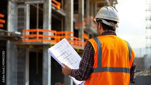 A construction site engineer holding blueprints, wearing a safety vest and hard hat, closely supervising the ongoing construction work. photo