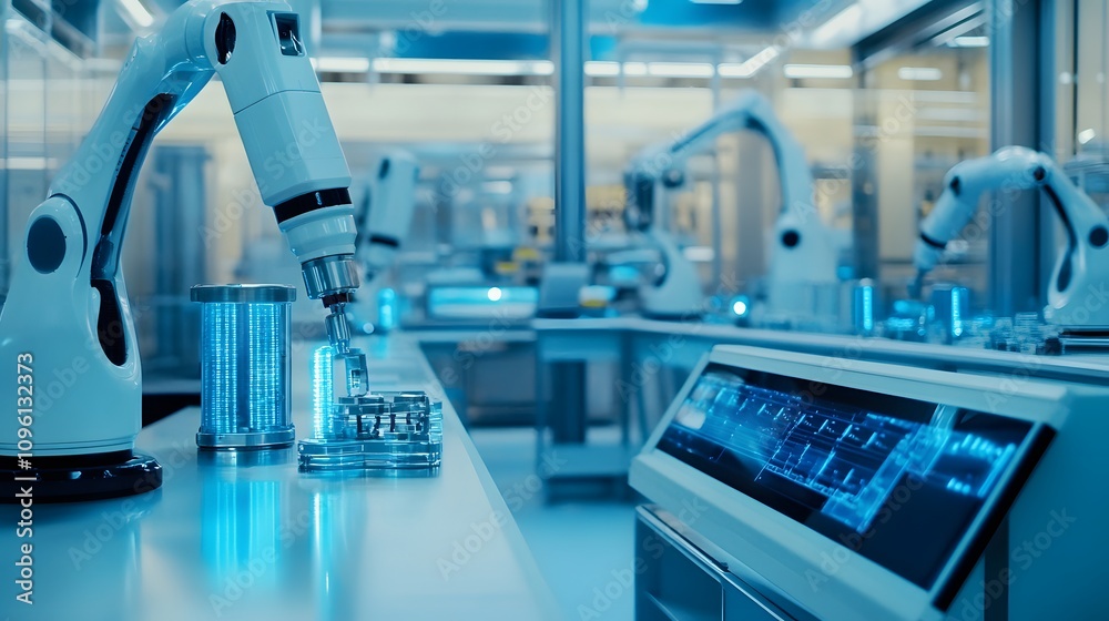 A largescale biopharmaceutical manufacturing facility where advanced robotics work alongside bioreactors Robotic arms are moving materials A largescale biopharmaceutical manufacturing facility where advanced robotics work alongside bioreactors Robotic arms are moving materials