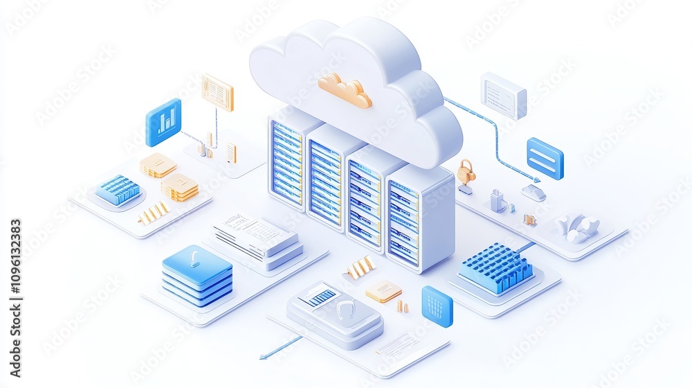 3D isometric cloud computing with server racks for web hosting concept in isometric style on white background 3D isometric cloud computing with server racks for web hosting concept in isometric style on white background