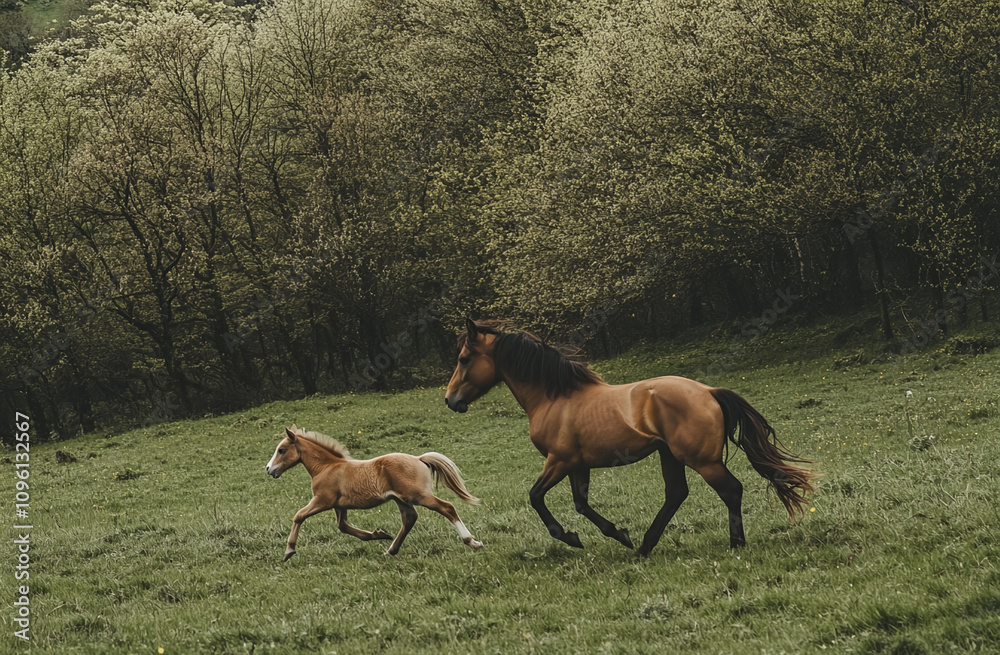 Horses and foal running freely in a lush, green field surrounded by trees in early morning light Horses and foal running freely in a lush, green field surrounded by trees in early morning light