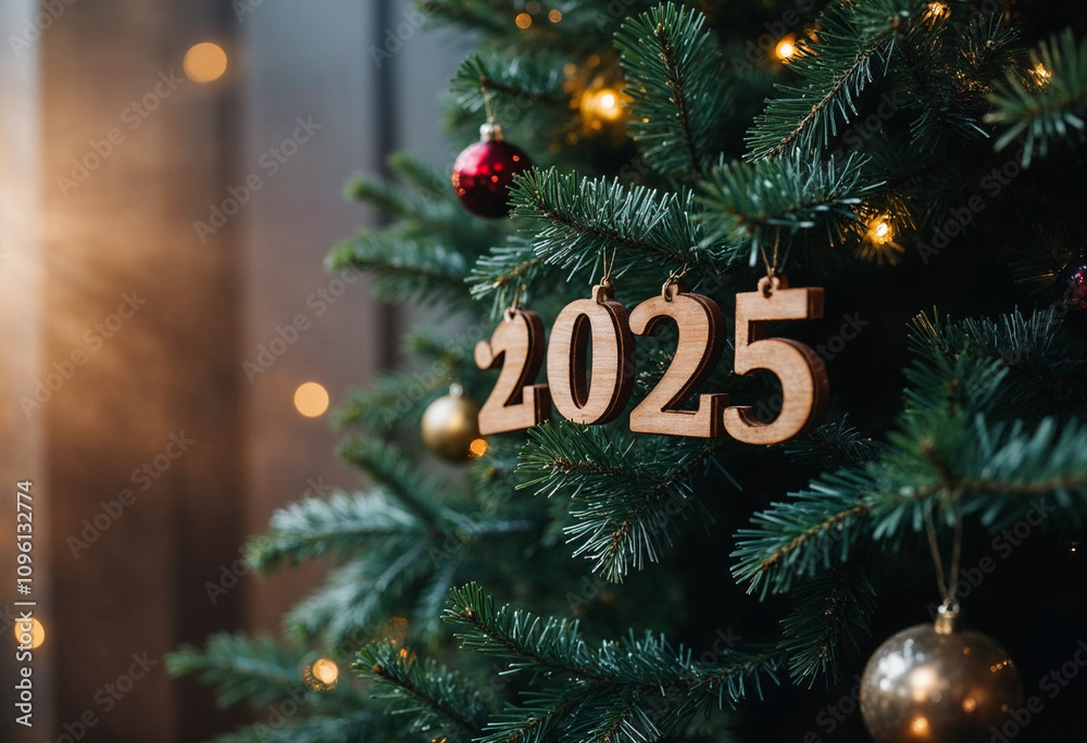wooden numbers on the Christmas tree 2025 new year wooden numbers on the Christmas tree 2025 new year