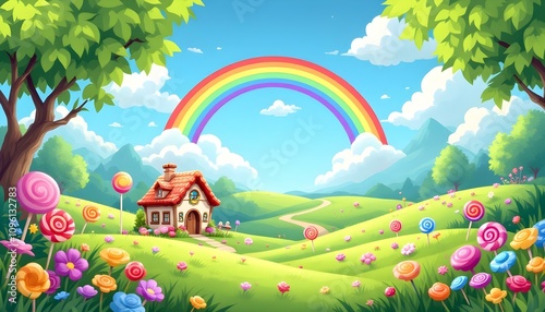 Candyland background with rainbow, candy house, and lollipops on the grass field cartoon design for game background or wallpaper. Lollipop candy green background. Picture of green grass. 