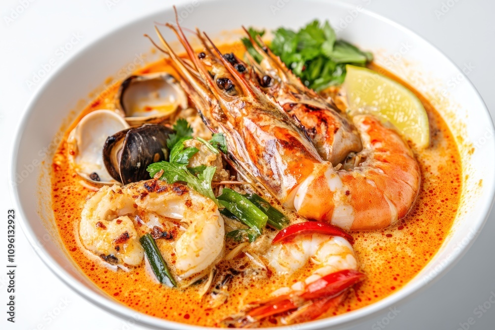 A bowl of spicy seafood soup with shrimp, clams, and herbs, garnished with lime. A bowl of spicy seafood soup with shrimp, clams, and herbs, garnished with lime.