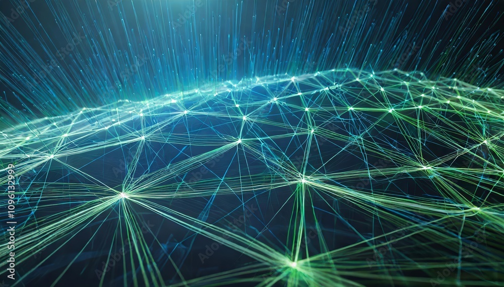 Intricate Blue and Green Network Lines Forming a Futuristic Digital Grid with a Technological and Modern Aesthetic, Highlighting Connectivity, Innovation, and Data Flow Dynamics Intricate Blue and Green Network Lines Forming a Futuristic Digital Grid with a Technological and Modern Aesthetic, Highlighting Connectivity, Innovation, and Data Flow Dynamics