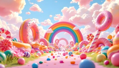 Candyland background with rainbow, candy house, and lollipops on the grass field cartoon design for game background or wallpaper. Lollipop candy green background. Picture of green grass. 