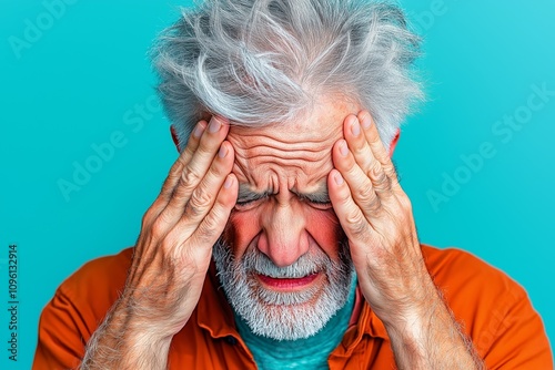 Elderly man with headache wearing an orange shirt touches temples against teal background, depicting senior pain and stress relief concepts