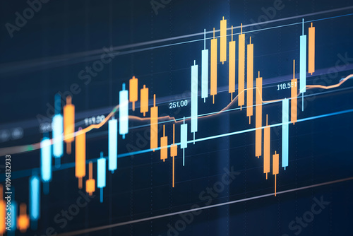 Stock market chart with orange and blue bars, deep blue background emphasizing price fluctuations.