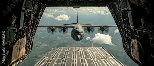 Military transport aircraft in flight sky art clouds aerial view transportation gold investment