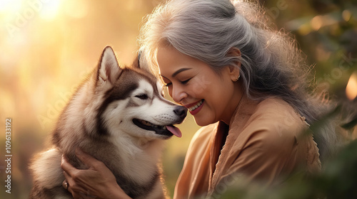 Banner woman dog warm hug evening glow golden light outdoor love bond happiness