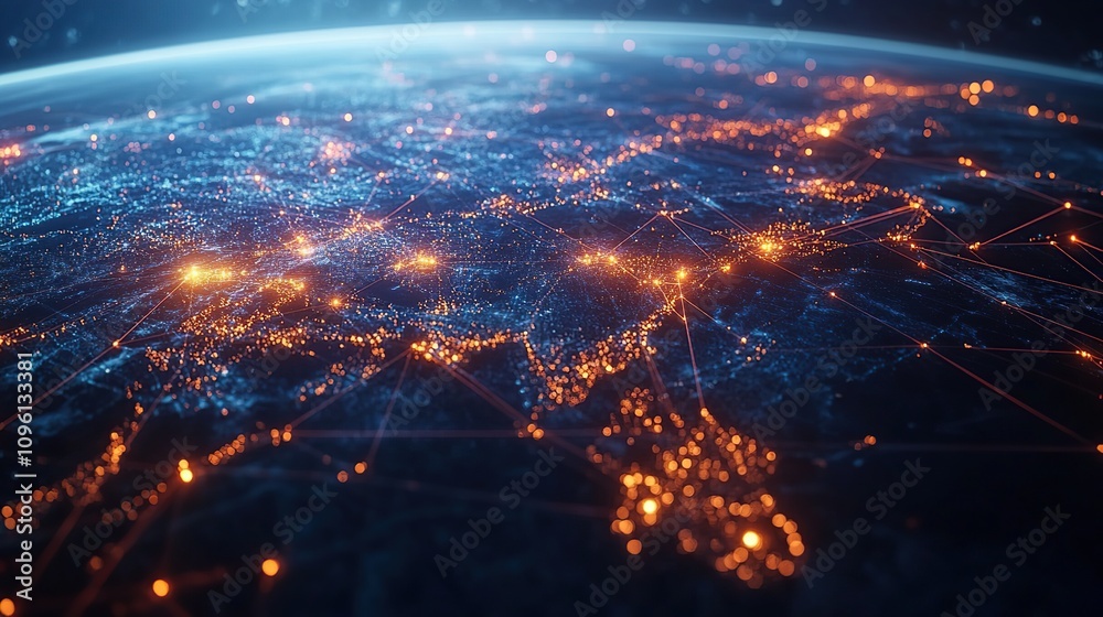 Fototapeta premium 3D render of global digital network connections on a world map with connecting dots and lines