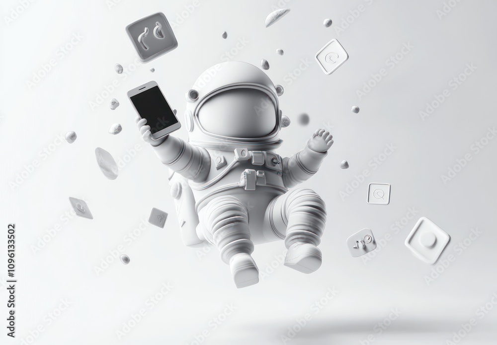 A stylized astronaut holding a smartphone amidst floating app icons in a minimalistic setting. A stylized astronaut holding a smartphone amidst floating app icons in a minimalistic setting.
