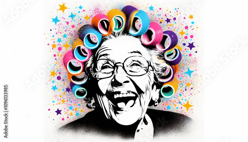 An older woman laughing with colorful curlers in her hair, surrounded by playful stars and vibrant patterns