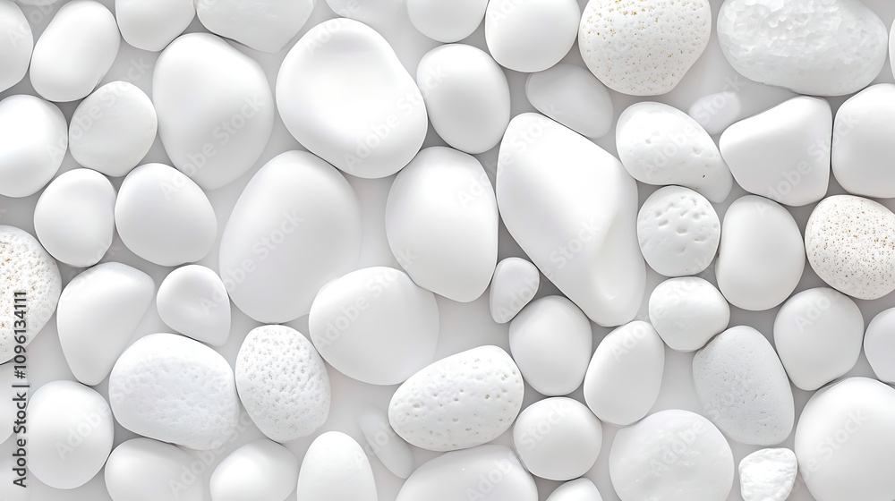 Seamless close-up of smooth white pebbles creates a uniform and calming texture. Serene natural stone