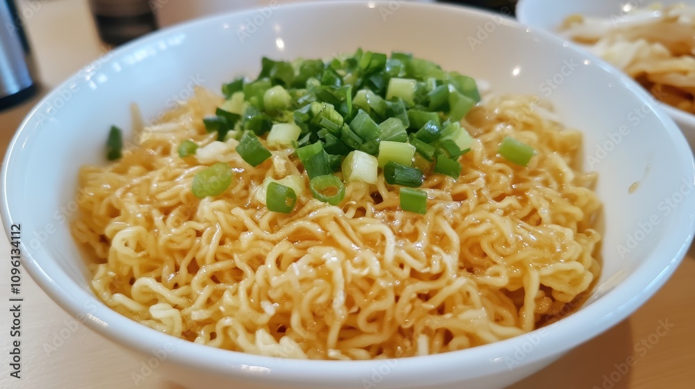 Bowl of Korean instant noodles topped with fresh spring onions creating a vibrant and appetizing dish. Bowl of Korean instant noodles topped with fresh spring onions creating a vibrant and appetizing dish.