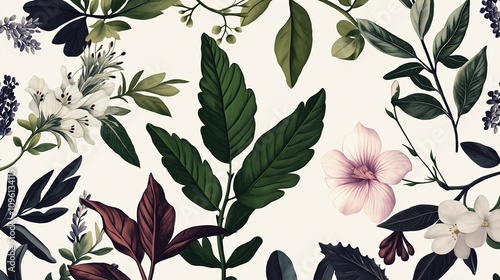 Hand-drawn botanical sketches of leaves and flowers against a solid, muted backdrop
