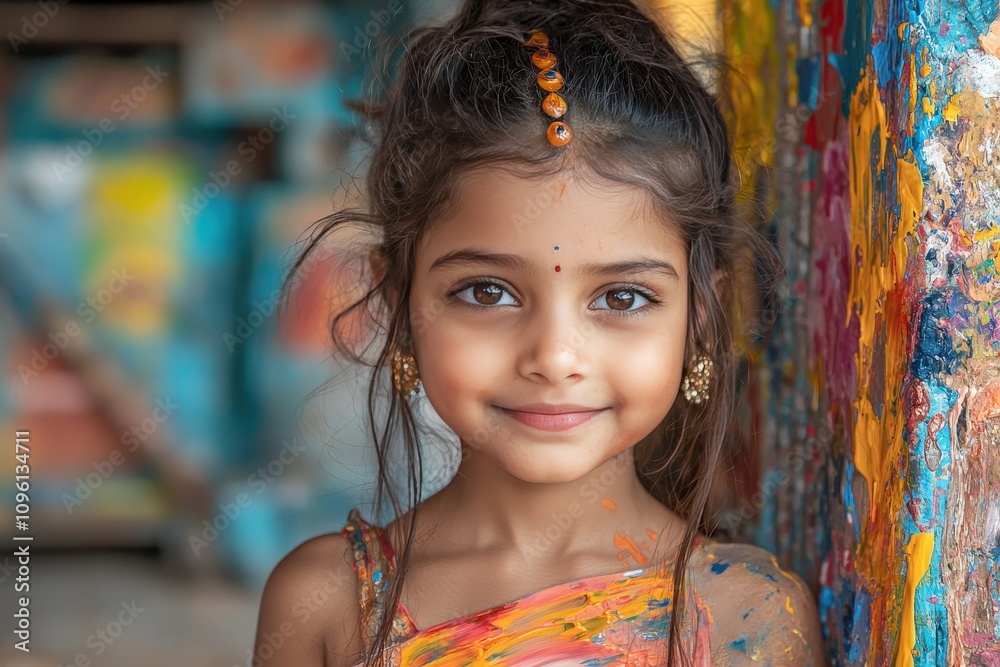 Joyful young girl with painted dress in colorful artistic setting Joyful young girl with painted dress in colorful artistic setting