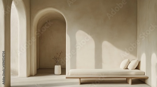 Elegant minimalist interior featuring neutral tones, a blank canvas ambiance, curved arches, and a serene seating area with soft cushions and subtle decor.