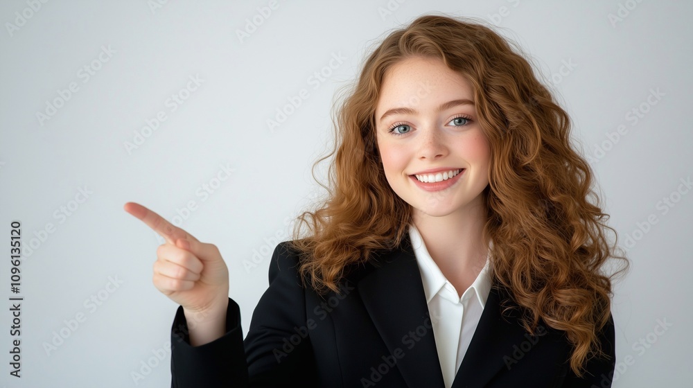 Happy confident young woman leader standing isolated on light gray presenting business ads. Smiling professional businesswoman manager wearing suit looking at camera pointing at copy space. Happy confident young woman leader standing isolated on light gray presenting business ads. Smiling professional businesswoman manager wearing suit looking at camera pointing at copy space.