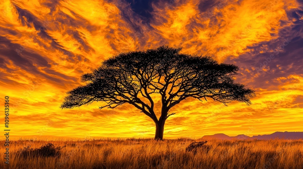 Artistic Solitary Tree in a Vast Savannah Under Dramatic Sky at Sunset, Capturing Nature's Splendor in an Expansive Landscape with Vibrant Colors Artistic Solitary Tree in a Vast Savannah Under Dramatic Sky at Sunset, Capturing Nature's Splendor in an Expansive Landscape with Vibrant Colors