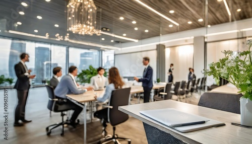 Professional business meeting in modern office conference room with diverse team of blurred professionals collaborating and brainstorming innovative strategies in corporate environment.
