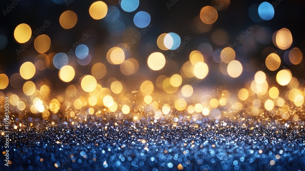Golden and blue bokeh lights shimmer and dance against a sparkling backdrop, creating a magical and dreamy atmosphere filled with luminous beauty. Golden and blue bokeh lights shimmer and dance against a sparkling backdrop, creating a magical and dreamy atmosphere filled with luminous beauty.