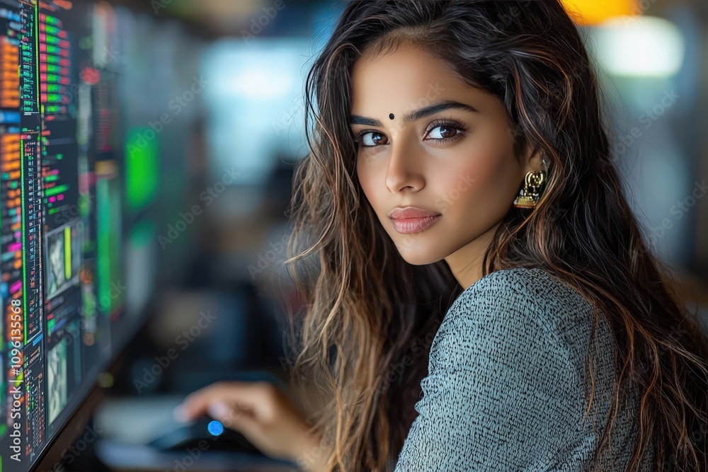 Confident young woman coding in modern office environment Confident young woman coding in modern office environment