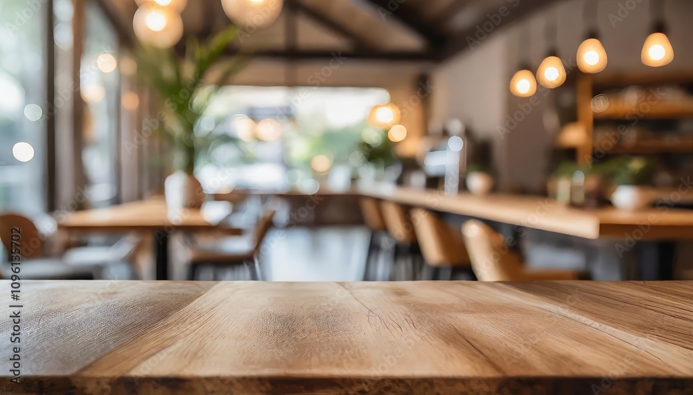 Beautifully blurred coffee shop and restaurant interior background featuring an empty wooden table, ideal for product display, food photography, or marketing visuals in a cozy ambiance. Beautifully blurred coffee shop and restaurant interior background featuring an empty wooden table, ideal for product display, food photography, or marketing visuals in a cozy ambiance.