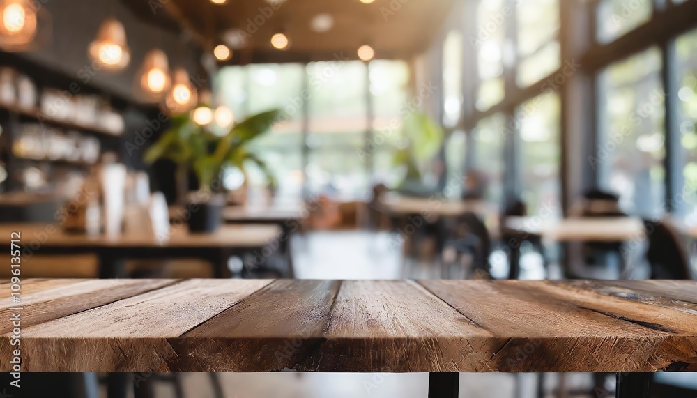 Blurred Coffee Shop and Restaurant Interior Background with Empty Wooden Table â€“ Ideal for Product Mockups, Digital Designs, Marketing Materials, and Visual Storytelling Projects
