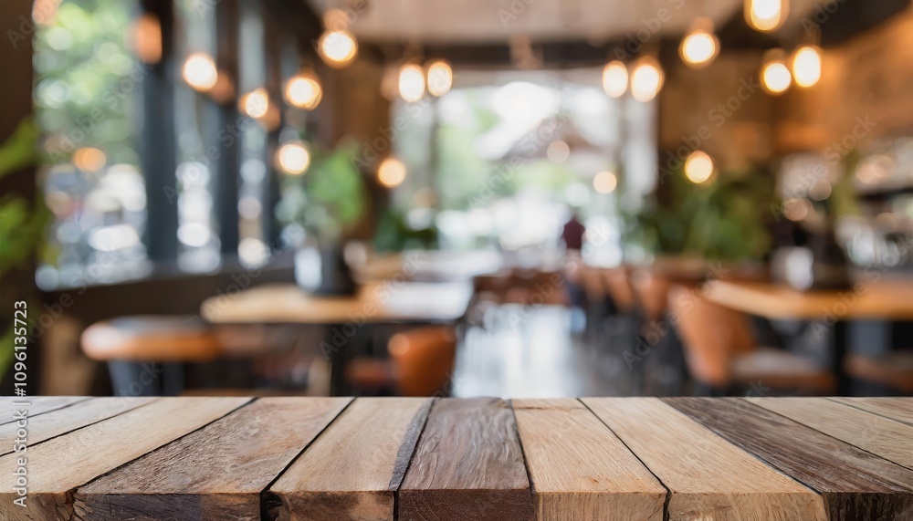 Elegant blurred coffee shop and restaurant interior with a cozy ambiance, featuring an empty wooden table in the foreground ideal for product presentations, design mockups, or marketing Elegant blurred coffee shop and restaurant interior with a cozy ambiance, featuring an empty wooden table in the foreground ideal for product presentations, design mockups, or marketing