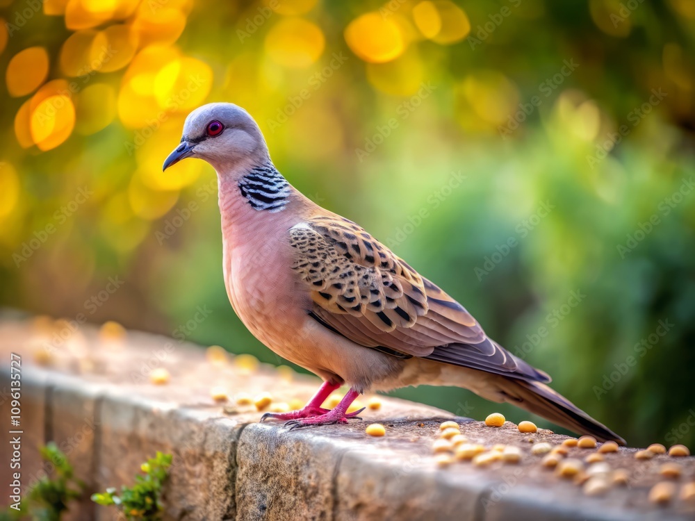 One-Legged Spotted Dove Perched on Boundary Wall, Feeding on Seeds, Showcasing Resilience and Beauty of Nature, Captured in Vibrant Detail with Soft Background Focus One-Legged Spotted Dove Perched on Boundary Wall, Feeding on Seeds, Showcasing Resilience and Beauty of Nature, Captured in Vibrant Detail with Soft Background Focus