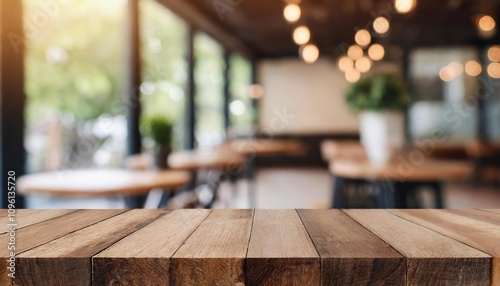 Blurred Coffee Shop and Restaurant Interior Background with Empty Wooden Table, Perfect for Product Placement, Advertising, and Design Templates to Highlight Modern Ambiance and Style