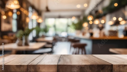 Blurred coffee shop and restaurant interior background showcasing an empty wooden table, ideal for product displays, menu mockups, or lifestyle branding with a warm and inviting ambiance.