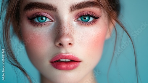 Girl with striking pastel makeup featuring teal and pink hues, accentuating her bright blue eyes and flawless skin.