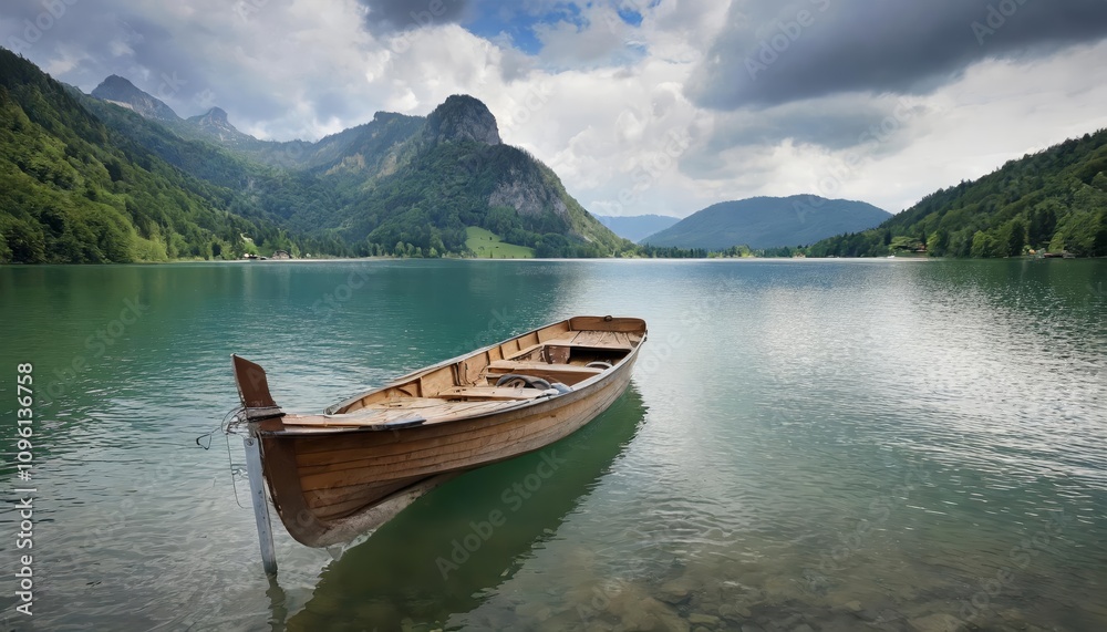 Serene view of a small boat floating on a peaceful lake surrounded by nature’s breathtaking beauty, capturing the tranquil essence of calm waters and lush greenery under a radiant blue sky. Serene view of a small boat floating on a peaceful lake surrounded by nature’s breathtaking beauty, capturing the tranquil essence of calm waters and lush greenery under a radiant blue sky.