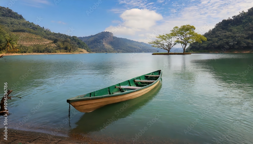 A serene boat on a tranquil lake surrounded by lush greenery and mountains under a clear sky, capturing the essence of natures beauty and peace, perfect for scenic and relaxation themes. A serene boat on a tranquil lake surrounded by lush greenery and mountains under a clear sky, capturing the essence of natures beauty and peace, perfect for scenic and relaxation themes.