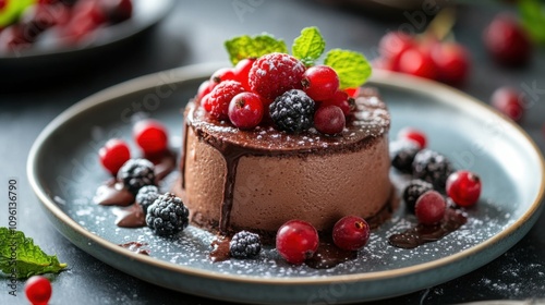 A beautifully plated dessert, such as a chocolate mousse cake with berries and mint garnish, elegant table setting, soft lighting, vibrant colors, high-quality food photography, close-up shot