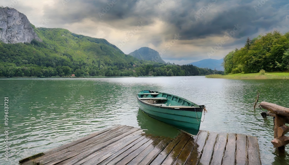 Fototapeta Serene View of a Small Wooden Boat Floating on a Tranquil Lake Surrounded by Lush Greenery Under a Clear Blue Sky â€“ A Perfect Scene Capturing the Beauty and Peacefulness of Nature