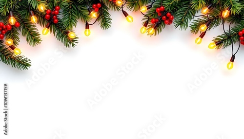 Decorative Christmas border with coniferous branches and garlands of Christmas lights isolated on a white background. Festive border of coniferous branches and Christmas lights garlands for holiday