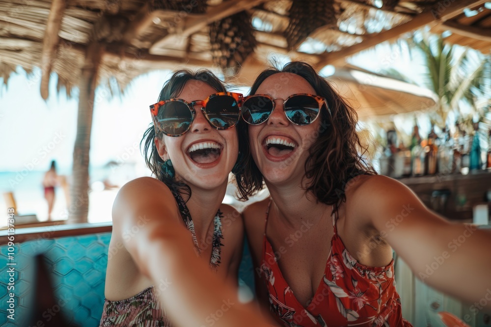 Girls taking a selfie while sitting on a sunbed at an outdoor bar. Women enjoying a vacation during a trip to a beach resort. Lifestyle concept. Girls taking a selfie while sitting on a sunbed at an outdoor bar. Women enjoying a vacation during a trip to a beach resort. Lifestyle concept.