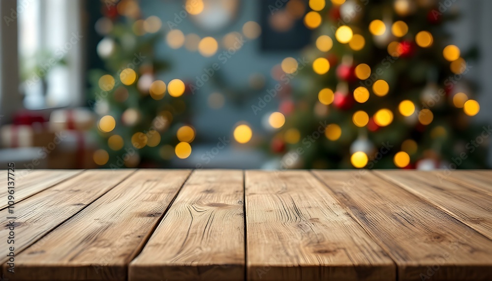 Empty wooden table in Christmas theme background for product display. Empty wooden table top with a blurred view of a decorated living room decorated with Christmas, mock-up for product display Empty wooden table in Christmas theme background for product display. Empty wooden table top with a blurred view of a decorated living room decorated with Christmas, mock-up for product display