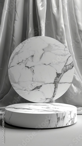 marble plate on a round stand with a cloth draped behind it photo