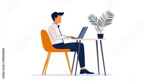 Man working on laptop at desk with plant. photo