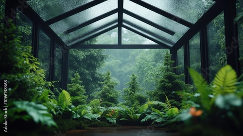 Lush Greenhouse Canopy Surrounded by Dense Forest