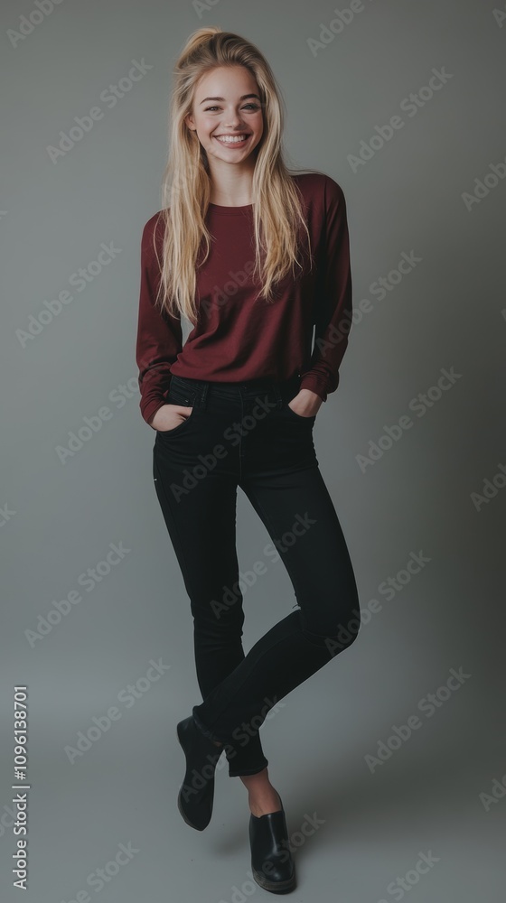 Happy young woman wearing burgundy sweater and black jeans, posing confidently in a studio setting against a gray background.