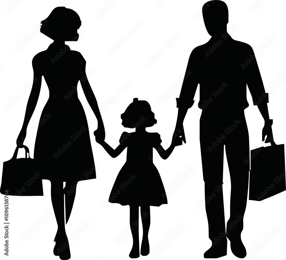 Family silhouettes. Father and mother walking with children Family silhouettes. Father and mother walking with children