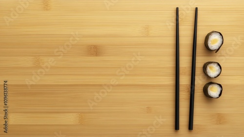 Korean sushi rolls neatly arranged beside black chopsticks on a smooth wooden surface, showcasing a minimalist culinary presentation.