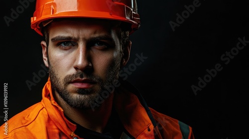 Close-up portrait of a serious young construction worker wearing an orange helmet and jacket, with dark background and ample copy space for advertising.