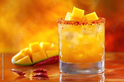 A vibrant mango drink garnished with chili, served in a glass with ice and fresh mango cubes.