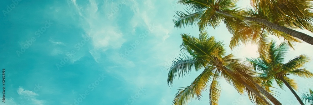 A serene view of palm trees against a bright blue sky, evoking a tropical atmosphere. A serene view of palm trees against a bright blue sky, evoking a tropical atmosphere.